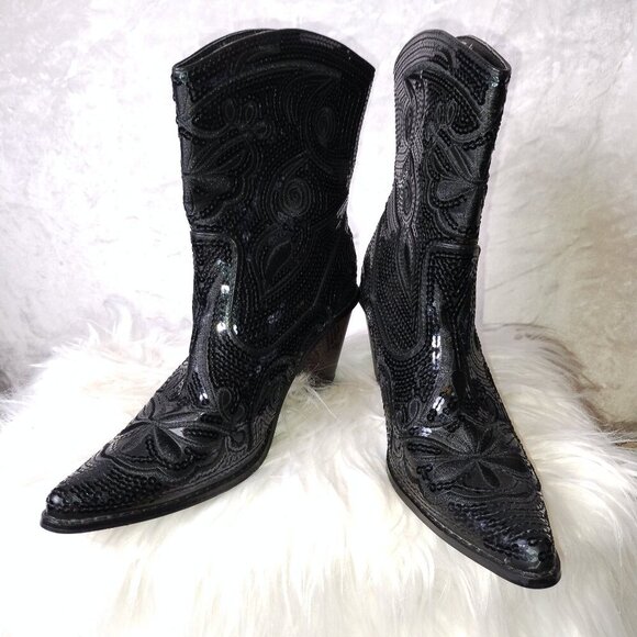 Helen & Heart Shoes - Black Beaded Pointed-Toe Heeled Boots - Women